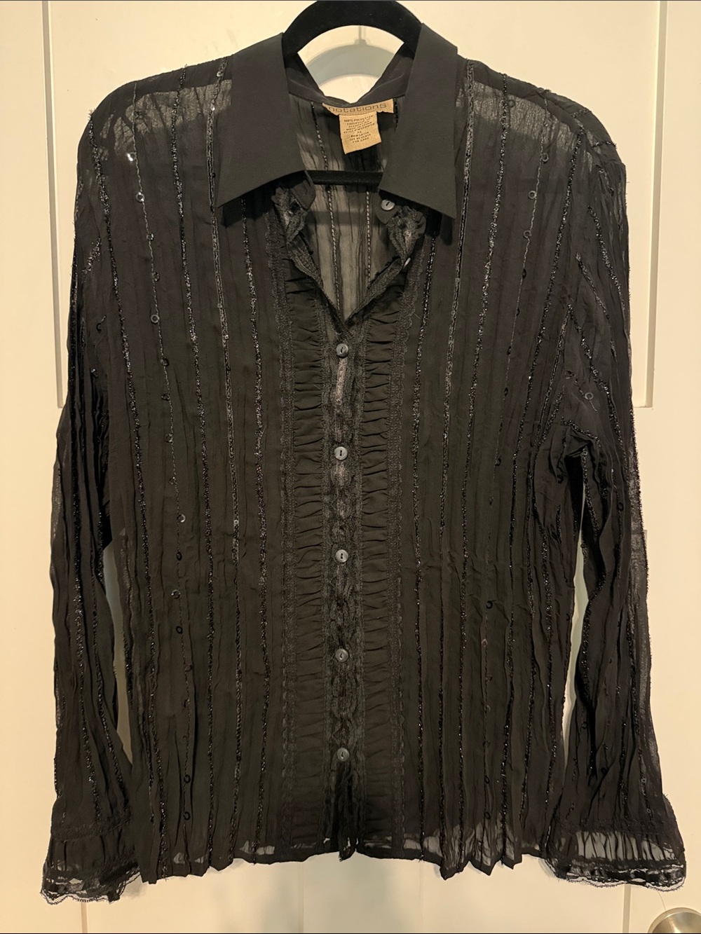 Romantic Sheer Black Ruffled Whimsigoth Button-Up Blouse size XL